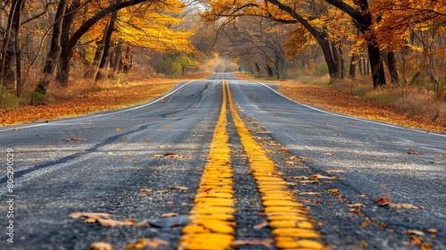 Tranquil highway cutting through stunning autumn woods with vibrant fall foliage