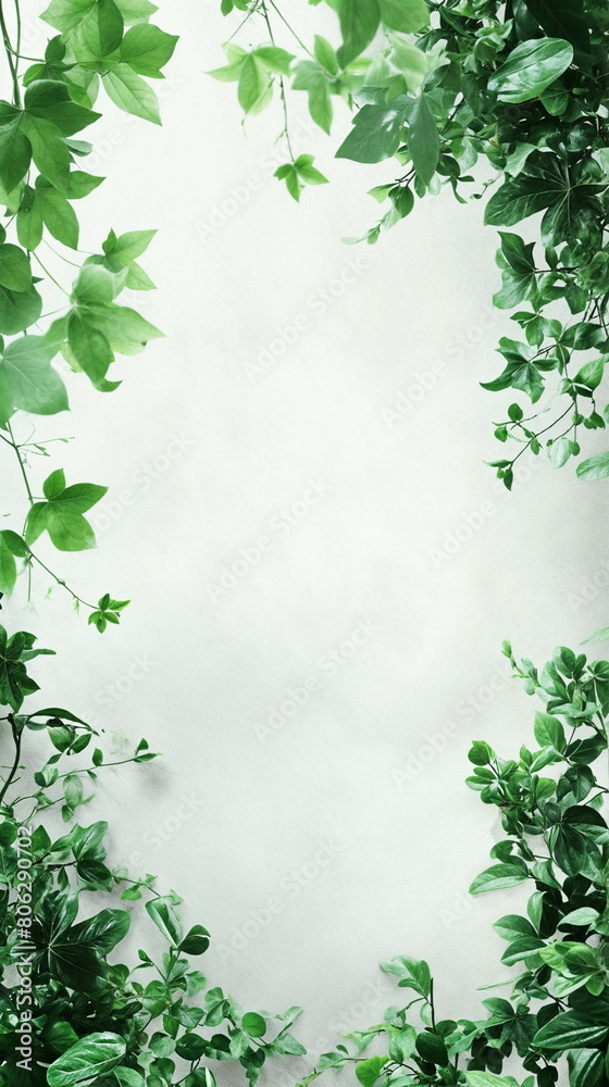 Vertical composition of green leaves framing a white copy space. Nature and eco-friendly concept. Design for banner, poster. Greeting card, Wedding, Mother's, Woman day. Summertime composition