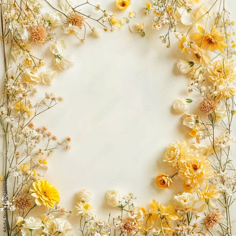 Botanical frame of yellow flowers and dry elements on a white background. Flat lay mockup for design and print. Greeting card, Wedding, Mother's, Woman day. Summertime composition with copy space.