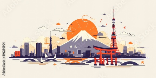 A illustration of Japanese landmarks, Tokyo tower and torii gate, with the sun in an orange color, and wave patterns on a white background, in a simple flat design with muted colors