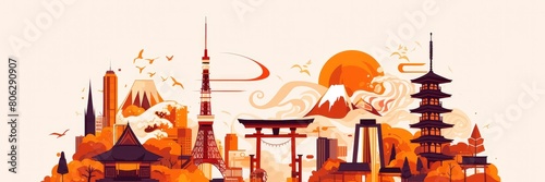 A illustration of Japanese landmarks, Tokyo tower and torii gate, with the sun in an orange color, and wave patterns on a white background, in a simple flat design with muted colors
