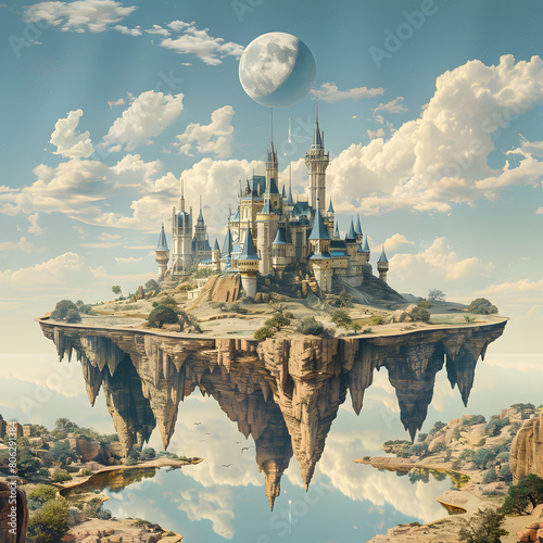 Fantasy landscape with floating island in the sky. photo