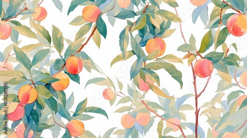 peach tree branch with leaves and peaches, seamless pattern, soft watercolor, white background