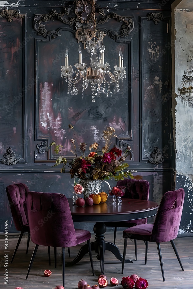A round table with velvet chairs in burgundy and purple colors sits in front of an antique wall with a decorative frame