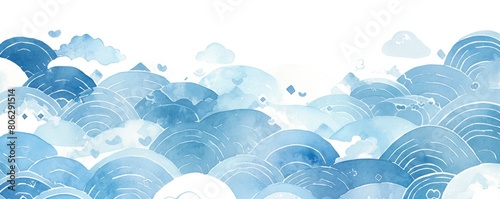watercolor background with light blue water waves and traditional Japanese patterns, simple, minimalistic, white background