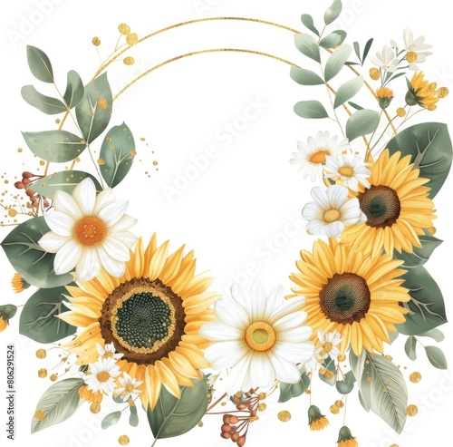  Sunflower frame with golden glitter on a white background.