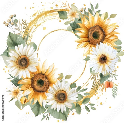  Sunflower frame with golden glitter on a white background.