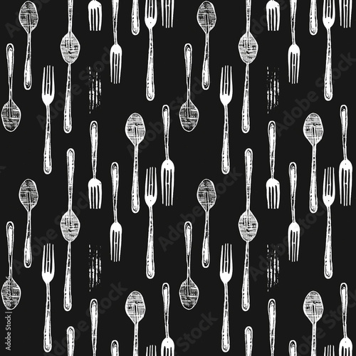 A design featuring a repetitive pattern of hand-drawn white forks and spoons set against a black background.
