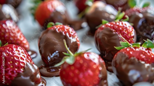 Chocolate-covered strawberries on parchment paper. Close-up food photography with selective focus.