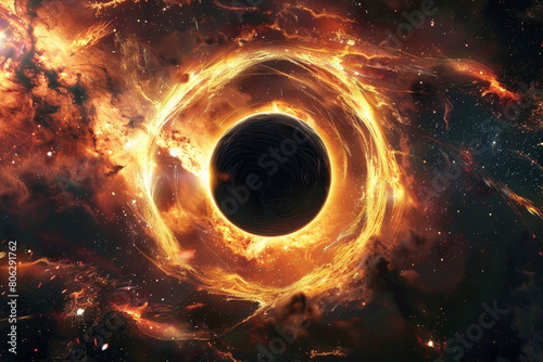 A black hole is surrounded by a bright orange ring of fire