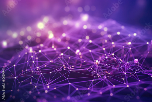 Pink purple abstract background with a network grid, particles connected and bokeh. Sci-fi digital technology with line connect network and data graphic IT background