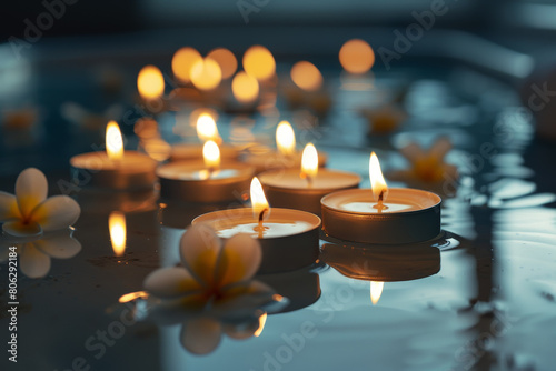 A candlelit bathtub with candles and flowers