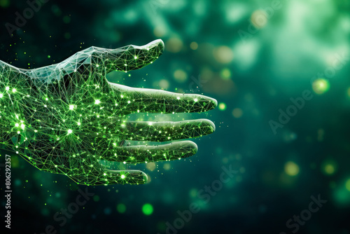 Green hand made of abstract lines with background of network grid, particles connected and bokeh. Sci-fi digital technology with line connect network and data graphic IT background