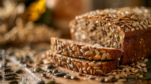 Sliced multigrain bread on wooden board, bakery shop setting. Whole grains and healthy lifestyle concept photo