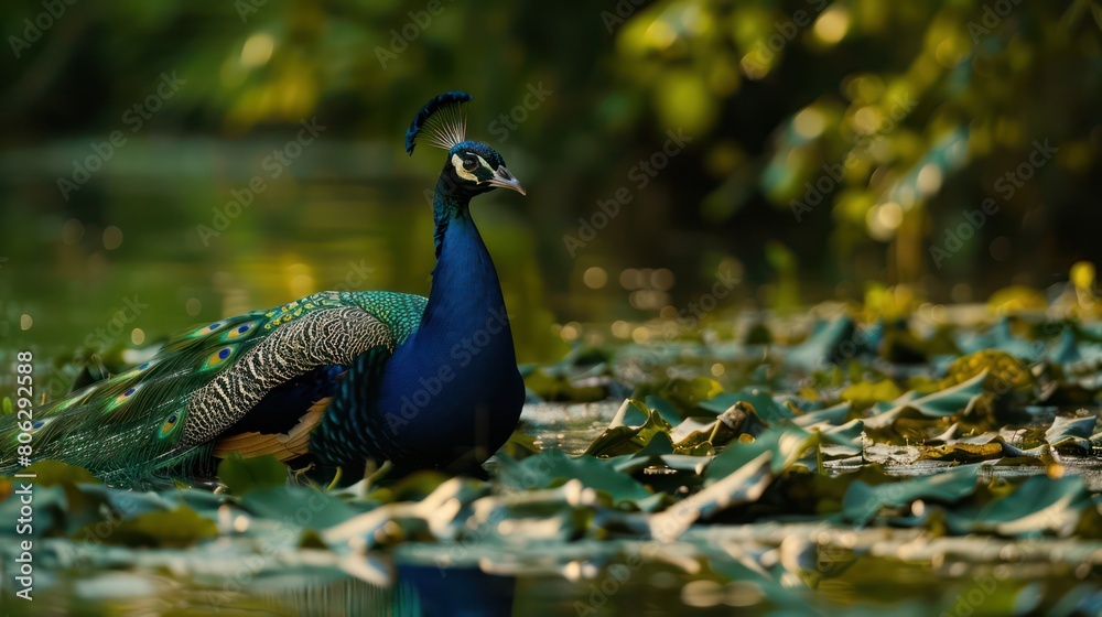An exquisite peacock lounges by the water's edge, surrounded by fallen leaves in a serene, natural setting An exquisite peacock lounges by the water's edge, surrounded by fallen leaves in a serene, natural setting