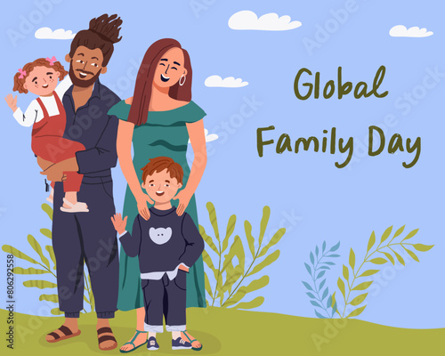 Happy Global Family Day Celebration Vector Template Design Illustration. A family with two children, a girl and a boy, with their parents having fun together.