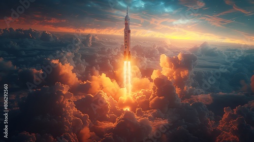 A space probe launching into orbit aboard a powerful rocket amidst billowing clouds. photo
