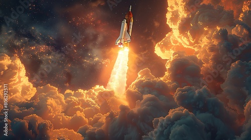 A space probe launching into orbit aboard a powerful rocket amidst billowing clouds.