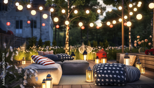 Backyard Patriotic Decor: Well-Decorated Patio with Fourth of July Banners and Paper Lanterns - Clean composition, Ample negative space