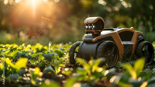 An agricultural robot uses optical recognition for weed and pest control. Concept Agricultural Robotics, Optic Recognition, Weed Control, Pest Control, Precision Agriculture photo