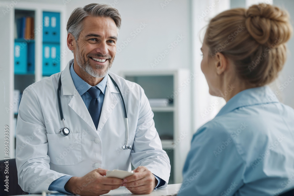 Man family doctor is talking to a patient woman in his office, private clinic Man family doctor is talking to a patient woman in his office, private clinic