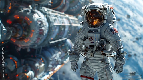 Fototapeta Naklejka Na Ścianę i Meble -  An astronaut exploring a high-tech space station orbiting a distant planet. 