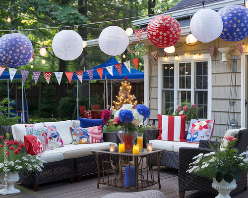 Modern Outdoor Celebration: Elegant Fourth of July Decorations Adorning Lounge Area with American Flag Throw Pillows - Clean composition, Ample negative space