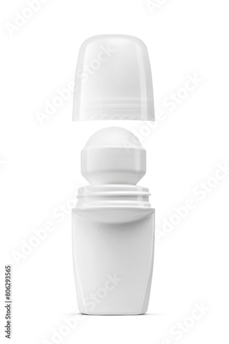 Blank open plastic roll-on antiperspirant deodorant bottle with cap isolated. Transparent PNG image.