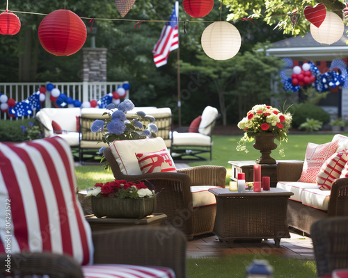 Backyard Patriotic Decor: Well-Decorated Patio with Fourth of July Banners and Paper Lanterns - Clean composition, Ample negative space