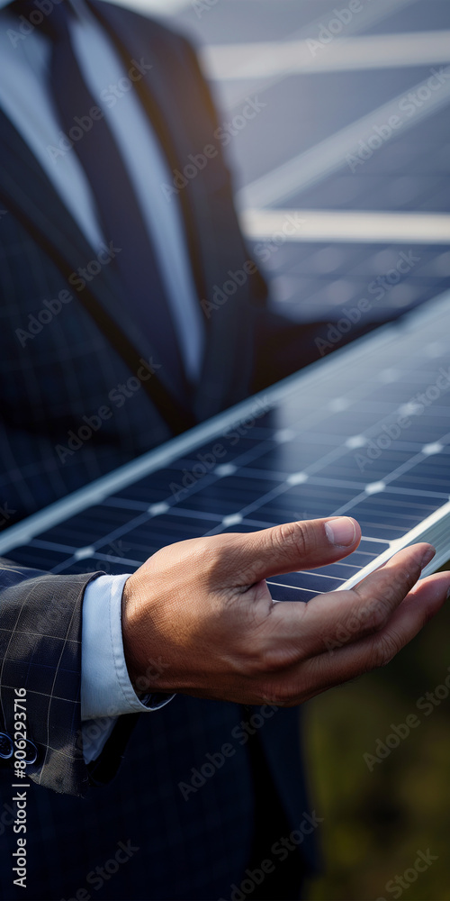Business Geschäftsmann mit Solar Panel für die Zukunft