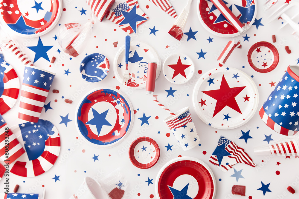 Obraz premium Festive Independence Day Setup: Stylish Fourth of July Tabletop with Patriotic Plates and Centerpieces