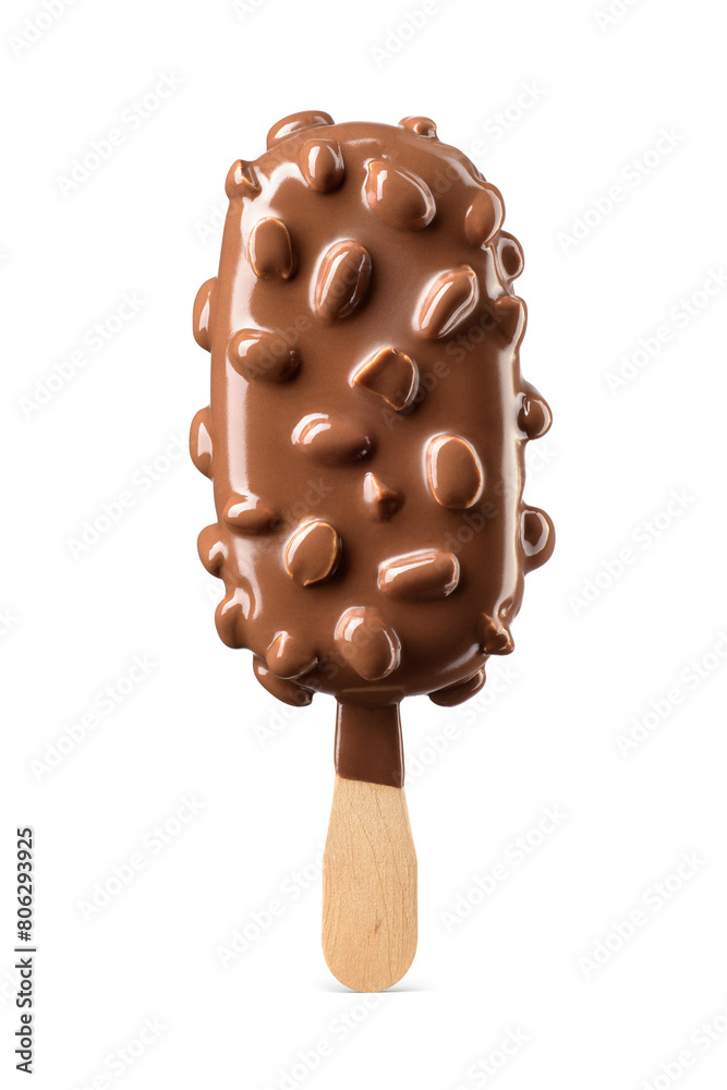 Chocolate coating popsicle ice cream with peanut nuts isolated. Transparent PNG image.