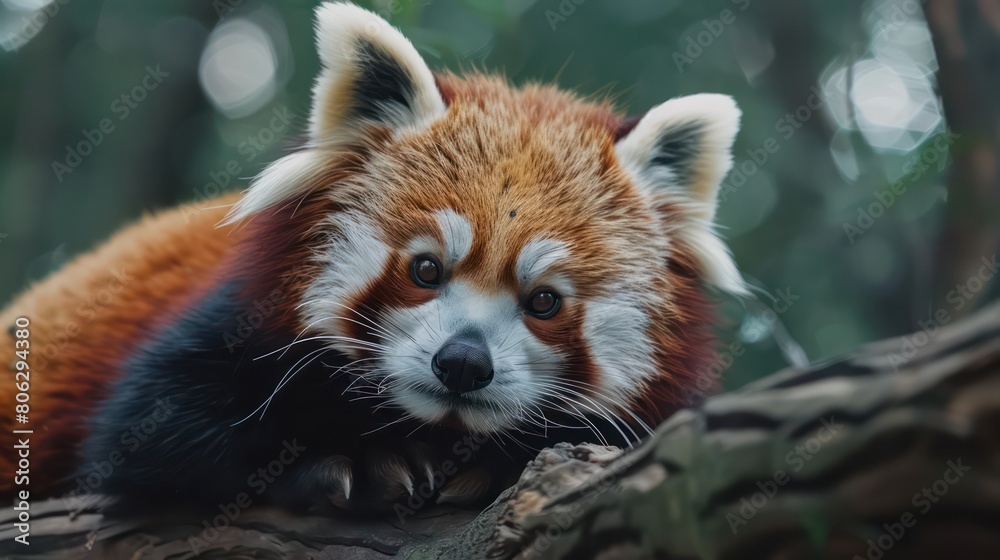 Obraz premium An intimate portrait of a red panda resting on a branch in the forest, with a focus on its calm and relaxed demeanor