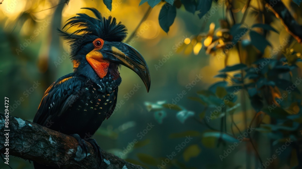 Naklejka premium A detailed close-up showing the complex feather pattern and vivid colors of a hornbill against a blurred backdrop