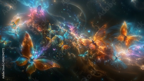 Surreal Cosmic Scene with Butterflies and Vibrant Nebulae in Space