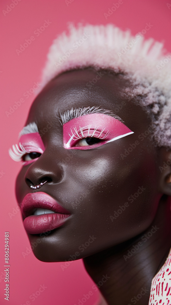 Close up portrait of a African woman with white hair. Lady has white eyelashes. Beautiful pink  make-up, looking at the camera. Minimalistic composition. Pink background. 