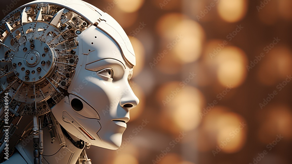 White robot with golden bokeh background. White robot with golden bokeh background.