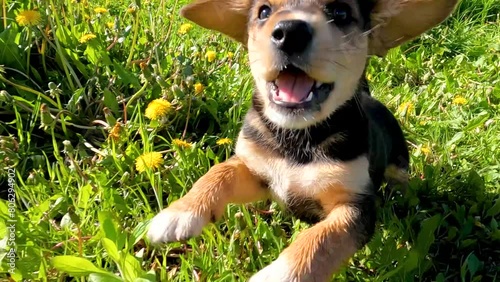 puppy playing with ball. black puppies are playing in the green grass of the spring garden. puppies are playing in the grass. puppies are running in the garden. black puppies in green grass. black pup