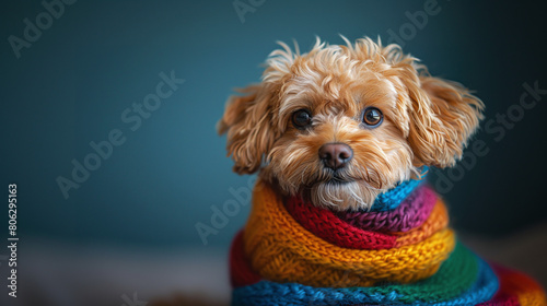 A toy poodle draped in an LGBT flag, radiating joy and pride, diversity and inclusion, pet friendly