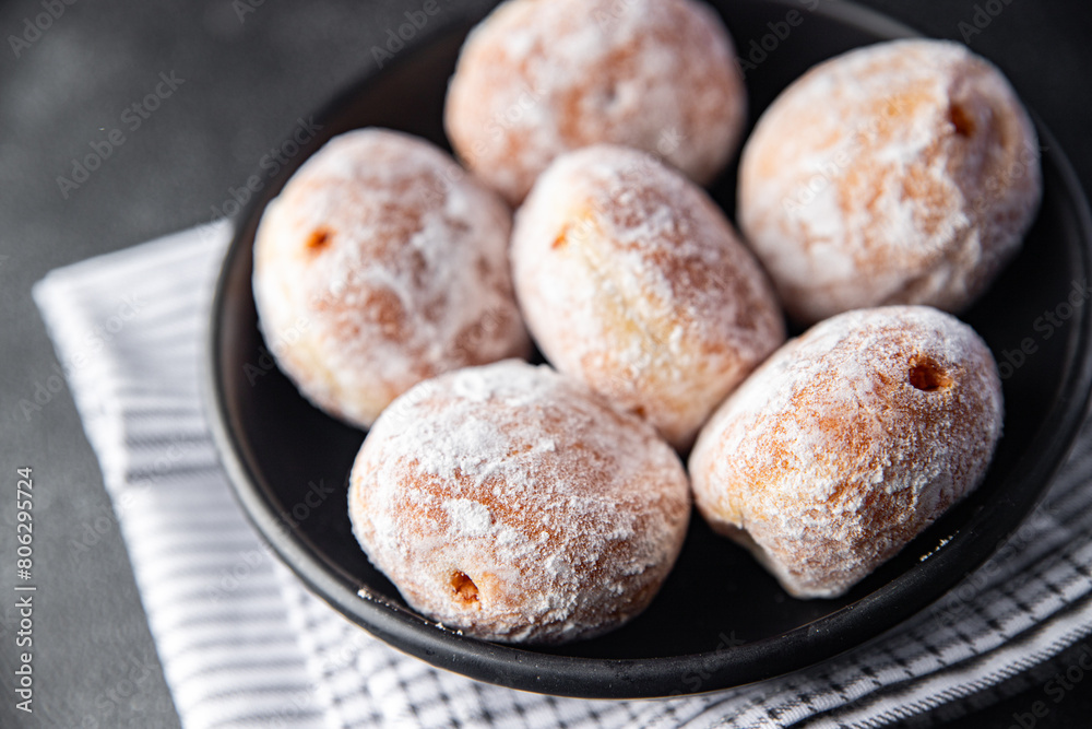  filled donut chocolate filling powdered sugar fresh meal food snack on the table copy space food background rustic