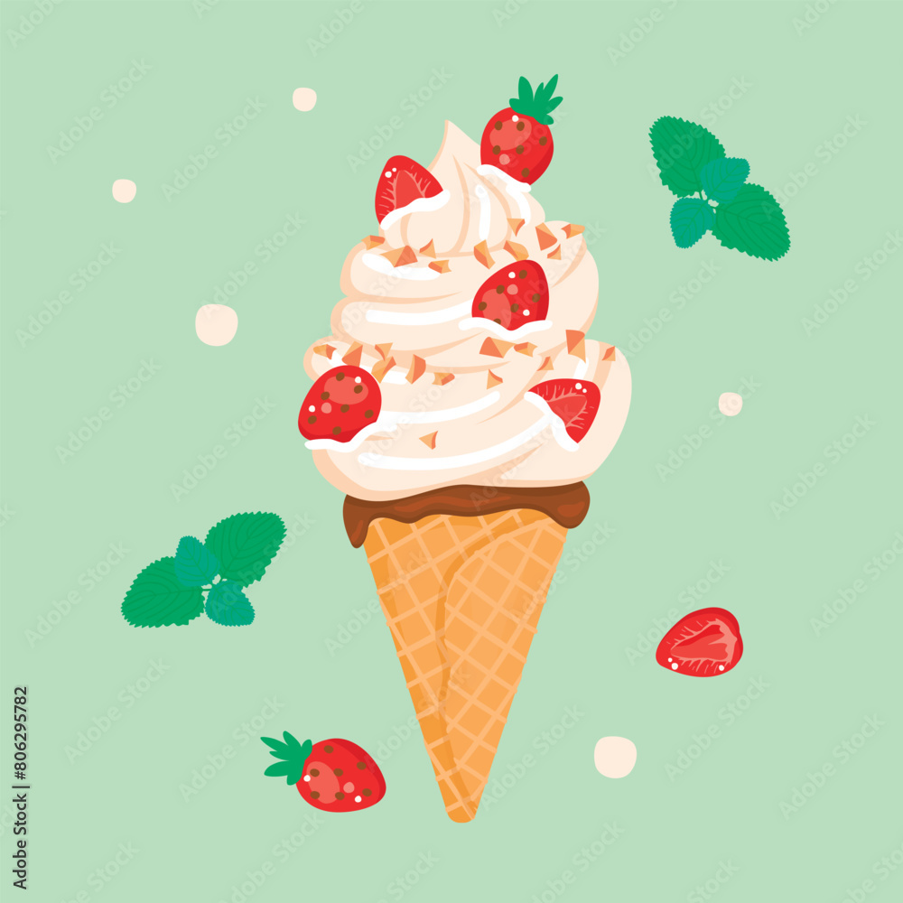 Cartoon ice cream in waffle cone decorated with strawberry and mint leaves.Delicious dessert with chocolate and pieces of nuts.Food design for use in card,banner template,stickers.Vector illustration.