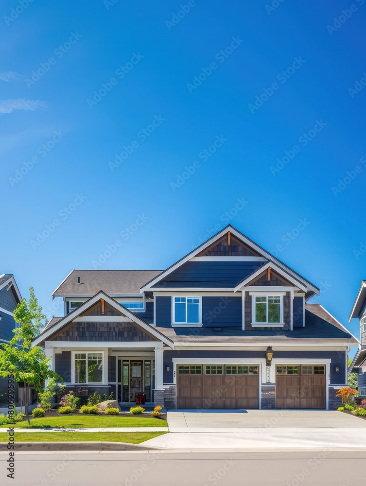 A modern home's stylish blue exterior and welcoming entrance showcases a sophisticated suburban lifestyle and design finesse