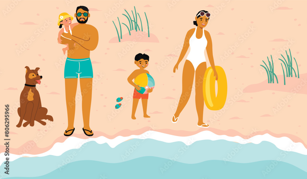 Summer season cartoon illustration with happy family relaxing on sea beach.Dad and daughter, son with  ball, mother with  inflatable ring and doggy.Vector design for use in banner template,background.