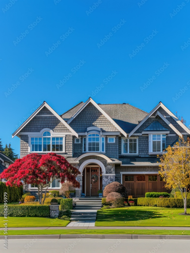 Obraz premium A classic luxurious two-story house with striking red autumn leaves on the tree in the front lawn showcasing seasonal beauty