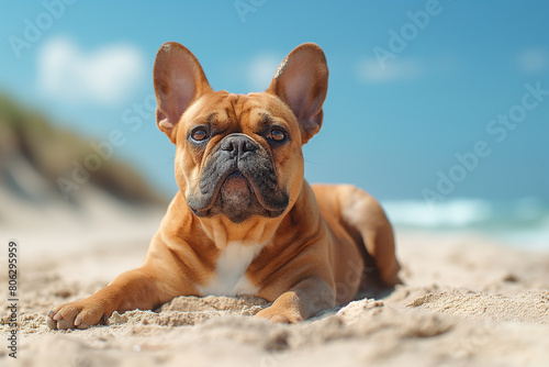 A French Bulldog relaxing on the beach during sunset