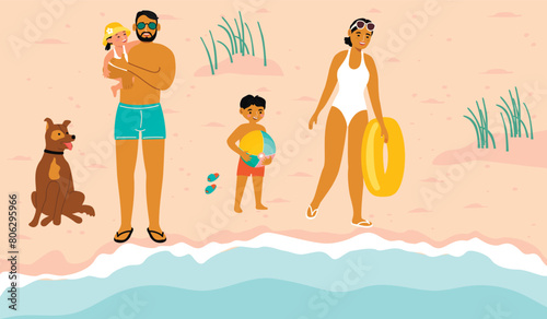 Summer season cartoon illustration with happy family relaxing on sea beach.Dad and daughter, son with  ball, mother with  inflatable ring and doggy.Vector design for use in banner template,background.