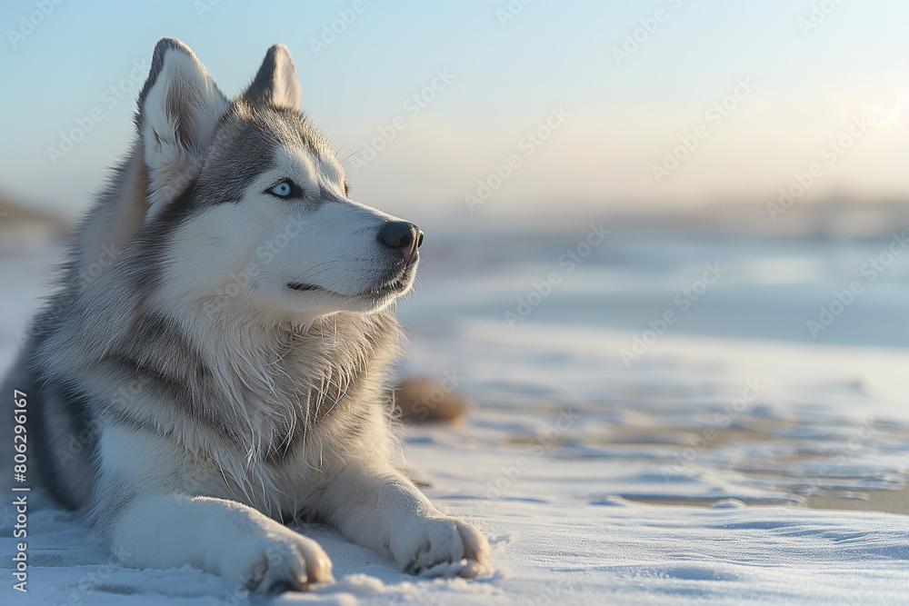 Happy husky on the beach on holiday in a sunny day