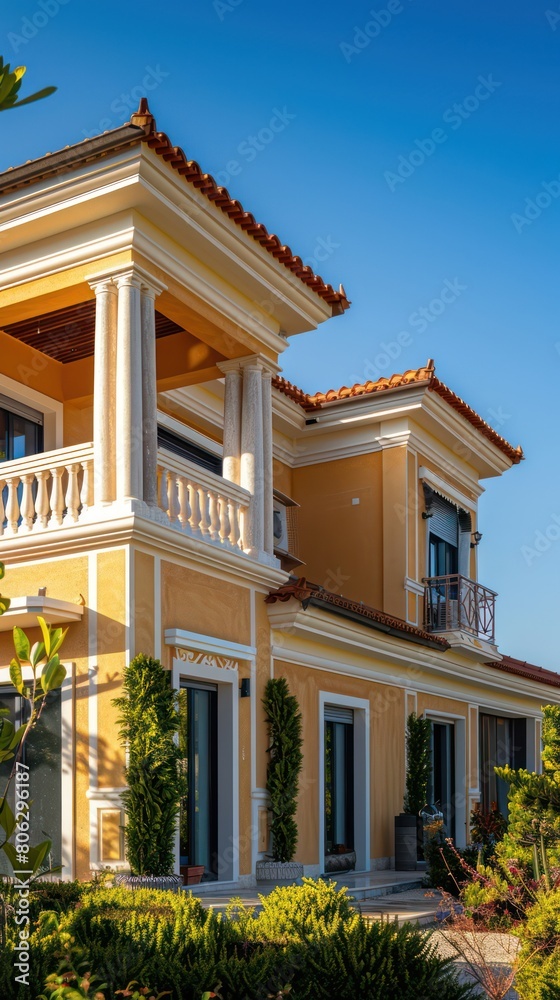 A luxurious Mediterranean style villa with ornate balconies and palm trees under a clear blue sky