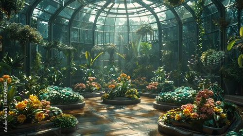 A beautiful botanical garden with a variety of flowers and plants. The light shines through the glass roof, creating a warm and inviting atmosphere.