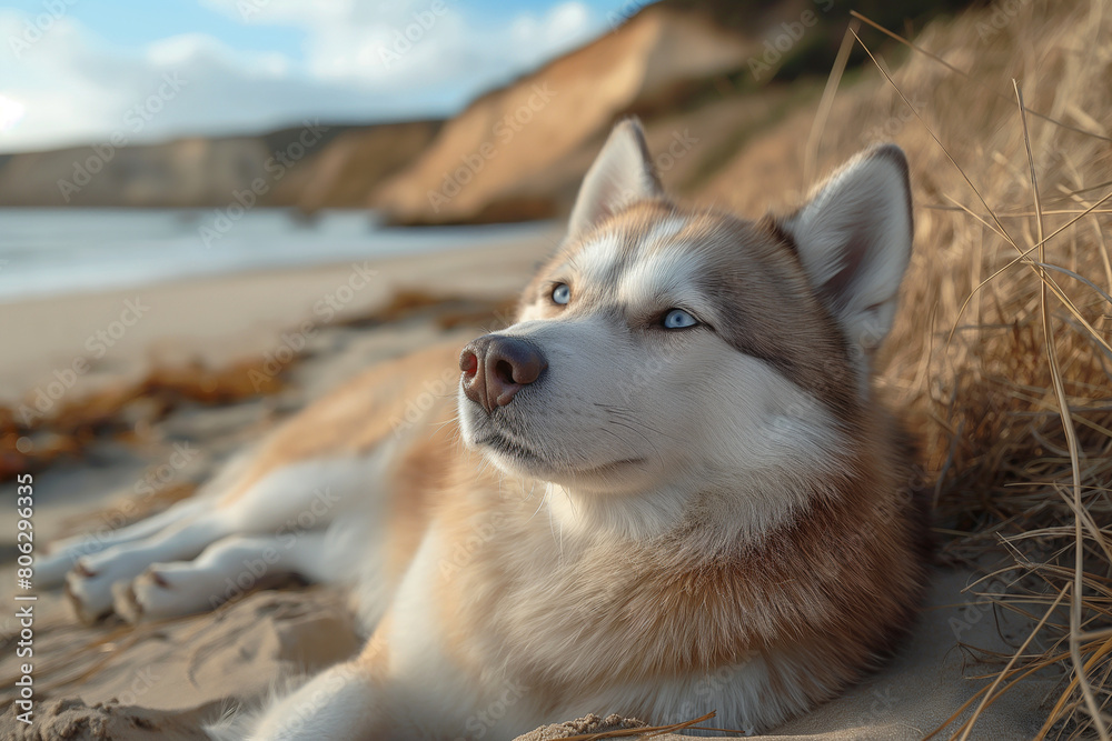 Happy husky on the beach on holiday in a sunny day